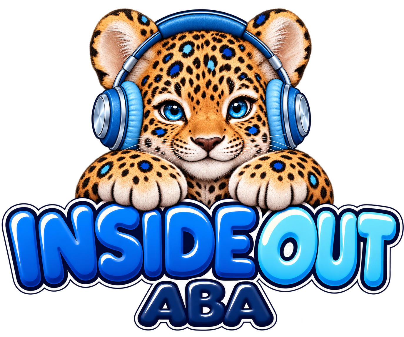 Inside Out ABA logo: a leopard cub with blue headphones and blue lettering